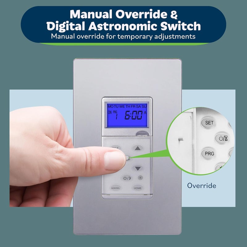 TOPGREENER Digital Astronomic Timer Switch, 7-Day Programmable Sunrise Sunset, Single Pole or 3-Way, Neutral Wire Required, 120VAC, UL Listed, TGT01-H-SV, Silver - Image 5
